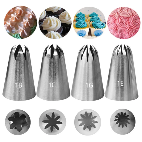 Piping bag, stainless steel piping nozzles, scoop, measuring spoons, Sieve, scale, squeeze Bottle and moulds.